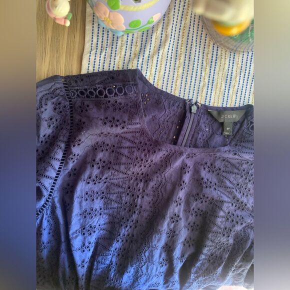 J CREW Dress Navy Blue Eyelet Embroidered Flutter Hem 100% Cotton Long Sleeve 8P - Picture 6 of 15